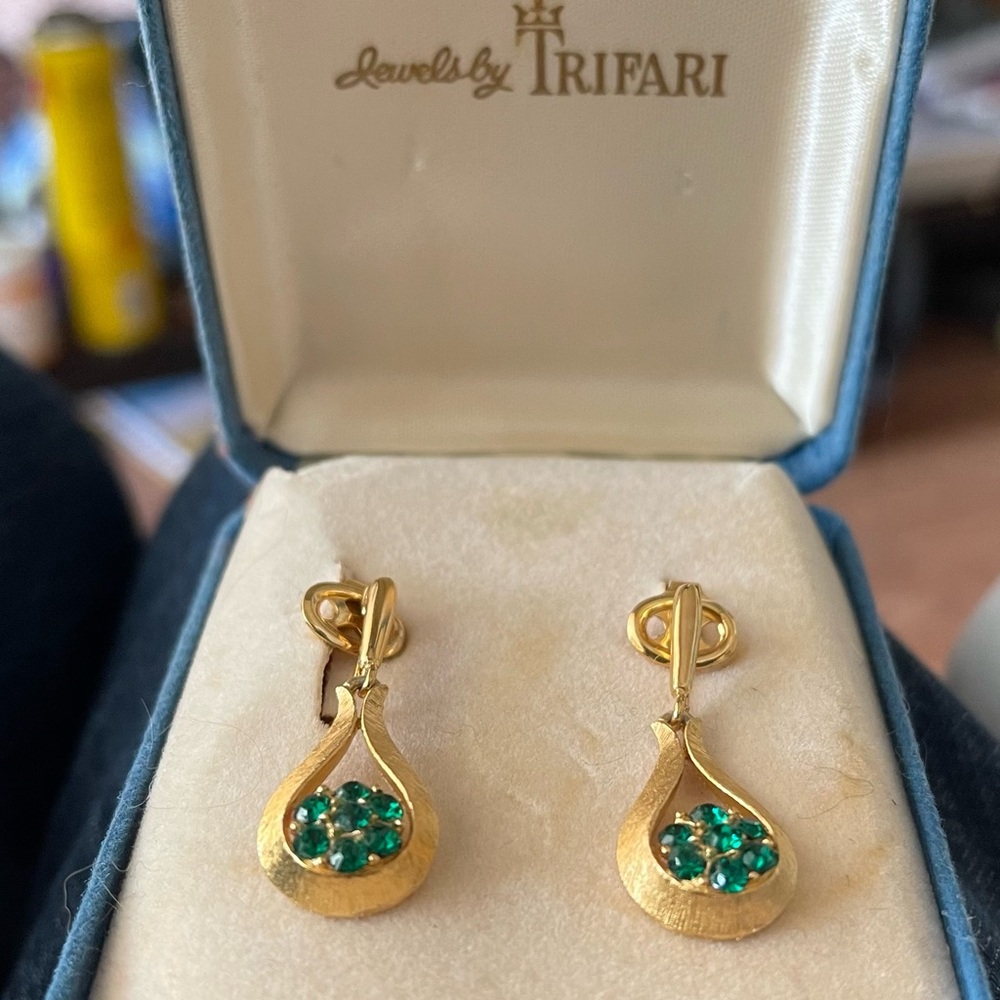 Trifari Gold and Green Drop Earrings